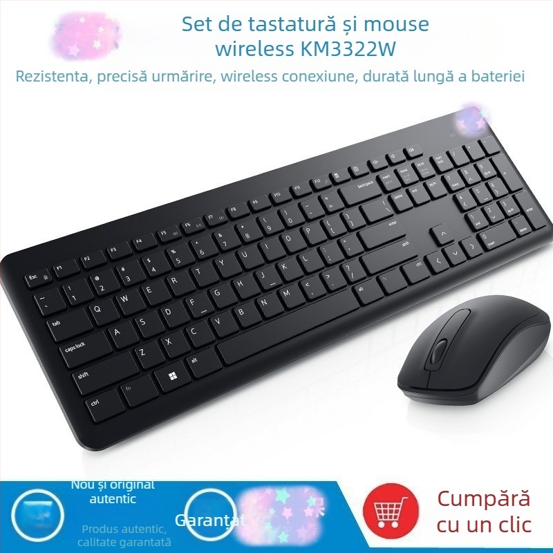 KM3322W Set fără fir tastatură și mouse – interfețe USB pentru tastatură și mouse, urmǎrire opticǎ, design ergonomic, impermeabil, pentru notebook și birou.