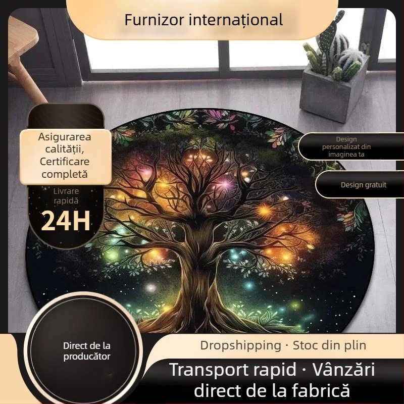 TNNIU Covor rotund pentru living, imprimare flocking cu Viking Valknut și Copacul Vieții Yggdrasil