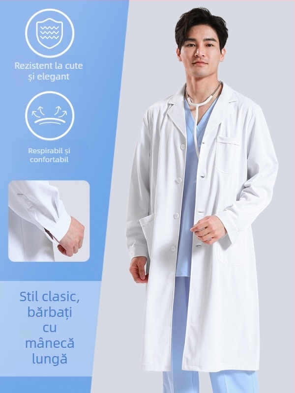 Halat medical pentru bărbați, cu funcție anti-riduri, mâneci lungi, material din amestec de bumbac, căptușeală din poliester, îmbrăcăminte de lucru pentru personal medical