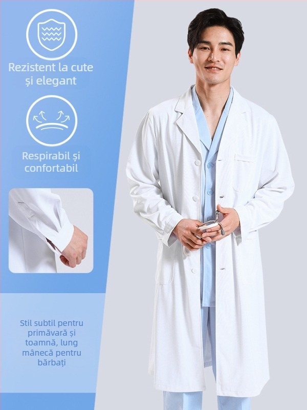 Halat medical pentru bărbați, cu funcție anti-riduri, mâneci lungi, material din amestec de bumbac, căptușeală din poliester, îmbrăcăminte de lucru pentru personal medical