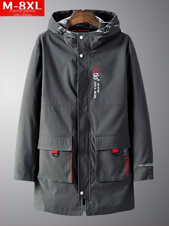 Palton masculin cu glugă, croială liberă, Plus size, lungime medie, închidere cu fermoar