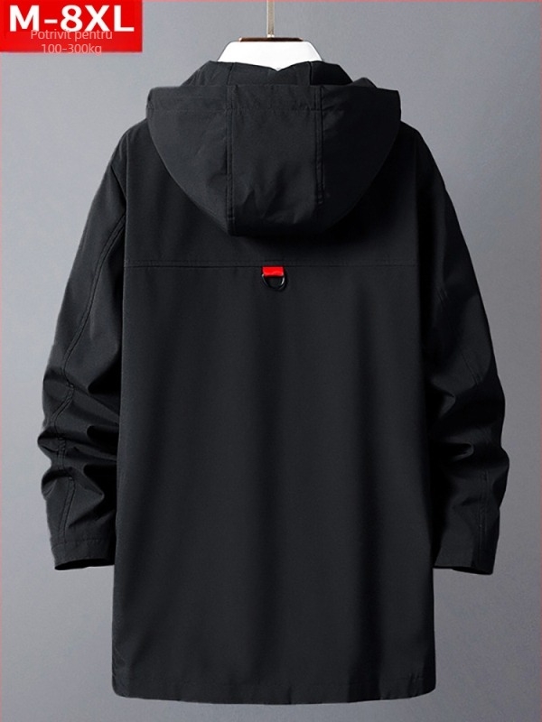 Palton masculin cu glugă, croială liberă, Plus size, lungime medie, închidere cu fermoar