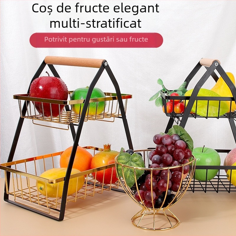 Coș de fructe multistrat în formă de V, cu cadru metalic detașabil și mâner din lemn – suport de bucătărie din oțel-carbon