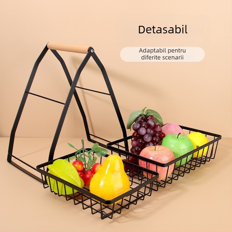 Coș de fructe multistrat în formă de V, cu cadru metalic detașabil și mâner din lemn – suport de bucătărie din oțel-carbon