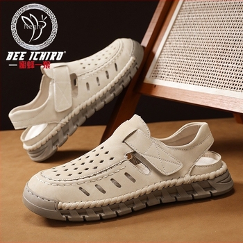 Sandale Slip-On pentru bărbați, cu degete deschise, din nubuk de piele de vită, talpă din cauciuc, respirante, anti-derapante