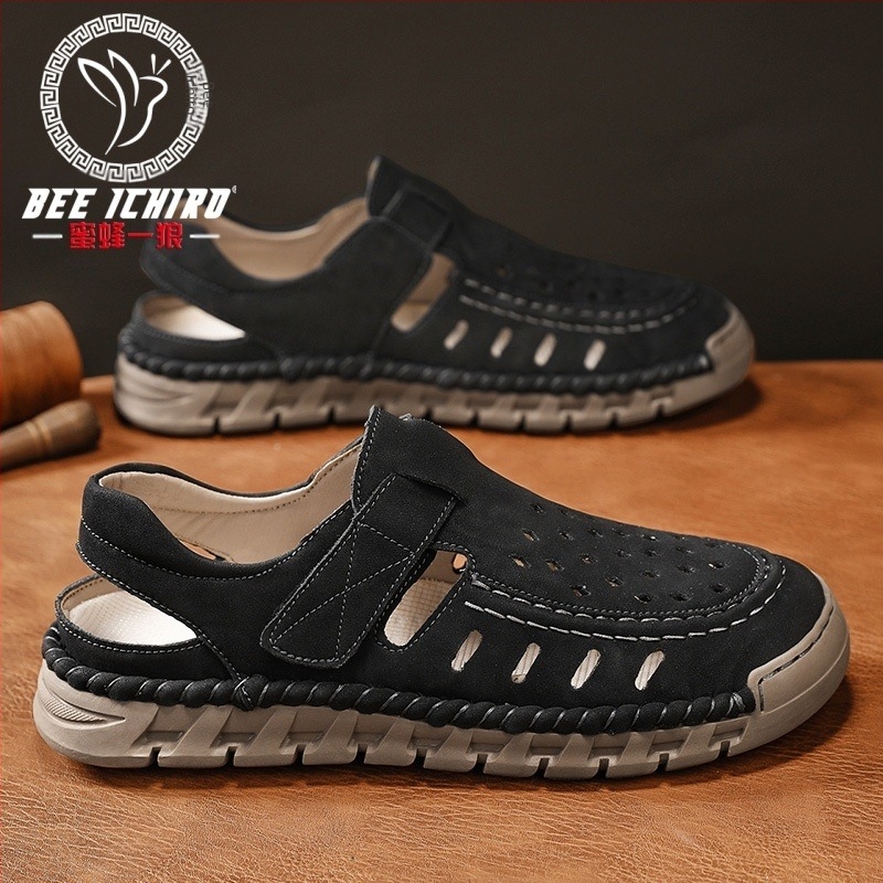 Sandale Slip-On pentru bărbați, cu degete deschise, din nubuk de piele de vită, talpă din cauciuc, respirante, anti-derapante