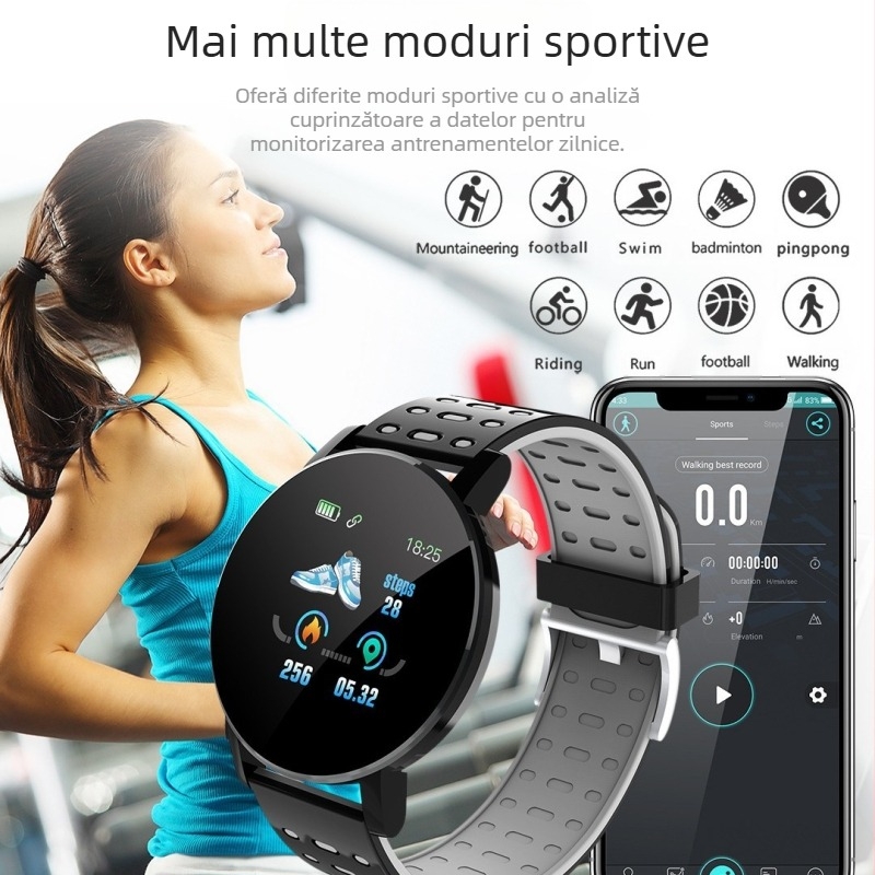 Brățară inteligentă cu monitorizarea ritmului cardiac, tensiunea arterială, somnul, oxigenul din sânge și numărarea pașilor — curea din silicon, cadran rotund