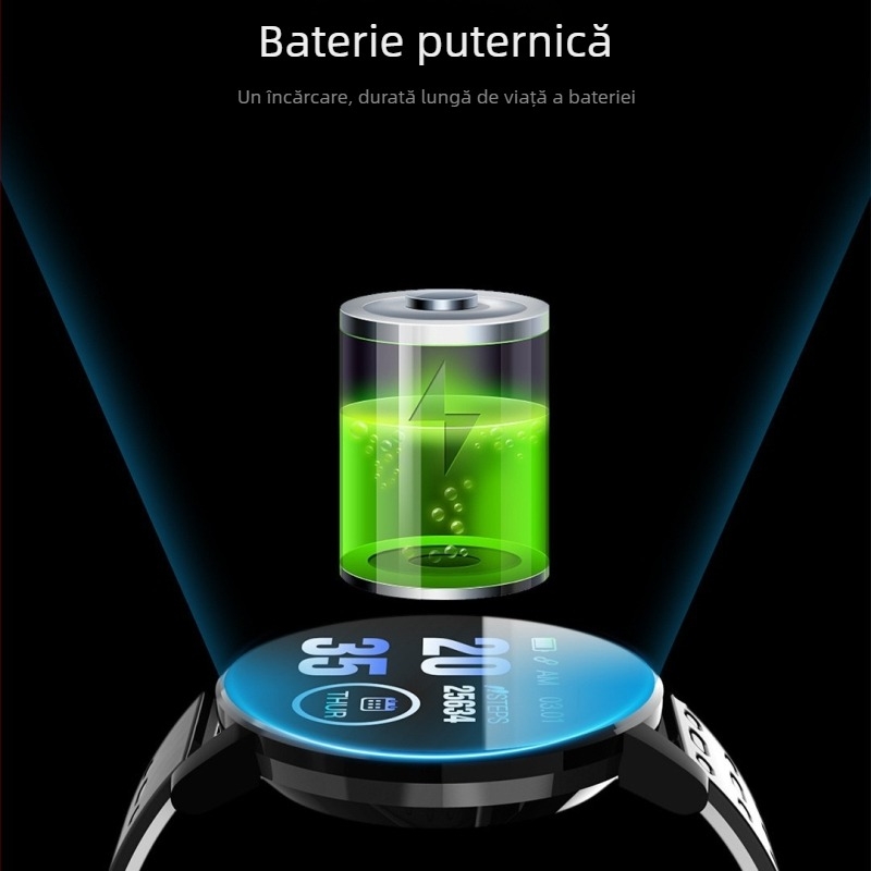 Brățară inteligentă cu monitorizarea ritmului cardiac, tensiunea arterială, somnul, oxigenul din sânge și numărarea pașilor — curea din silicon, cadran rotund