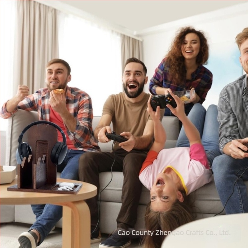 Raft din lemn pentru căști pe birou și depozitare pentru gamepad – organizator cu 3 etaje pentru accesorii PC