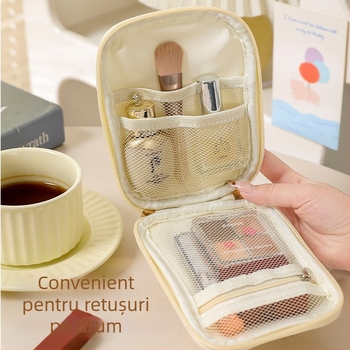 Geantă cosmetică cu formă verticală pătrată, compartiment grilă în interior, poliester, fermoar