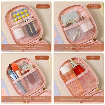 Geantă cosmetică cu formă verticală pătrată, compartiment grilă în interior, poliester, fermoar