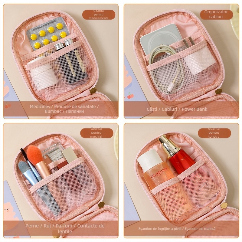 Geantă cosmetică cu formă verticală pătrată, compartiment grilă în interior, poliester, fermoar