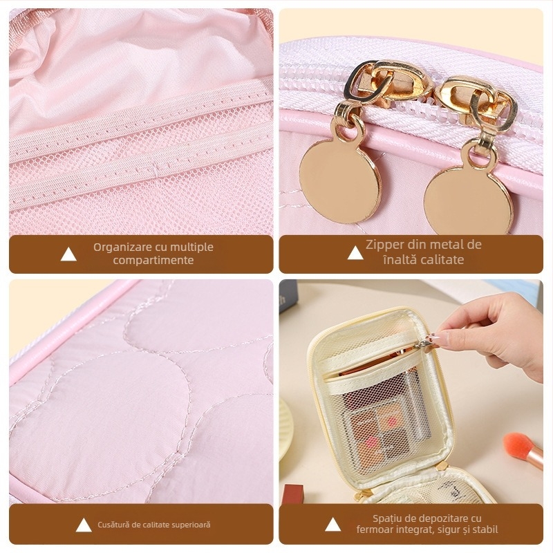 Geantă cosmetică cu formă verticală pătrată, compartiment grilă în interior, poliester, fermoar