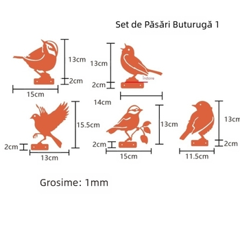 Cinci păsări metalice pentru grădină, sculpturi în stil pastoral