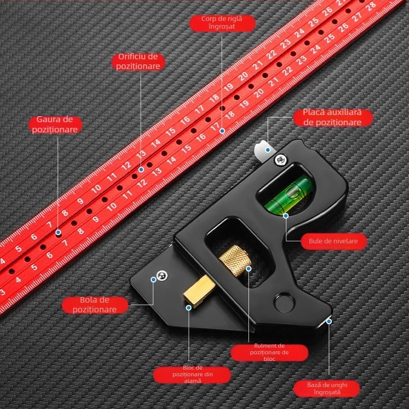 Riglă pătrat de combinație pentru tâmplărie – set de rigle cu unghi mobil, greutate 600 g