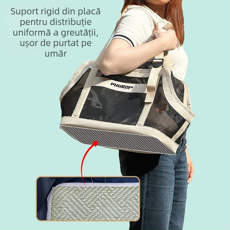 Geantă pentru pisici din piele, respirabilă pentru vară, capacitate 25 L; purtare pe umăr sau crossbody, elegantă și practică