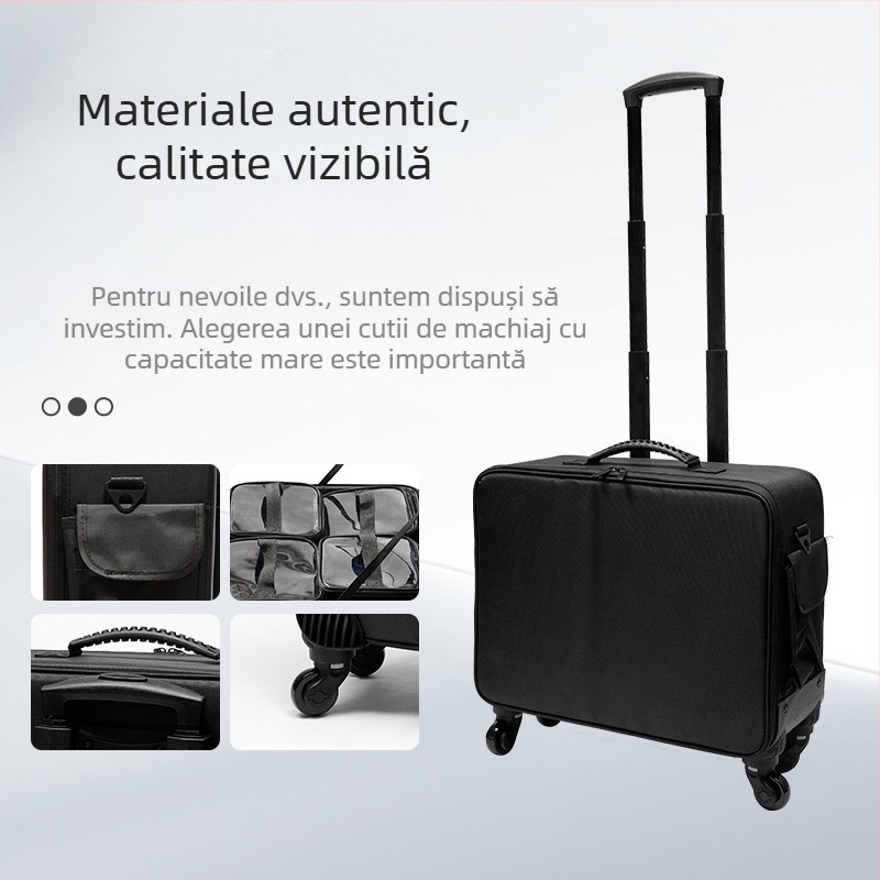 Geantă profesională de machiaj cu tijă telescopică, capacitate mare, material Oxford, roți universale, deschidere cu fermoar, strat extensibil