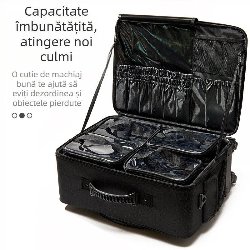 Geantă profesională de machiaj cu tijă telescopică, capacitate mare, material Oxford, roți universale, deschidere cu fermoar, strat extensibil