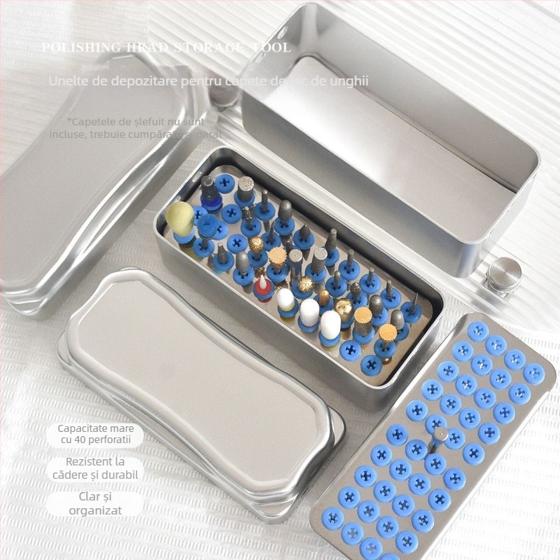 Casetă de depozitare și dezinfectare a capetelor de șlefuire, din aliaj de aluminiu, 40 de găuri, pentru unghii