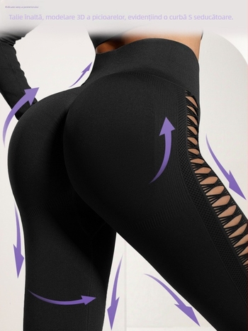 Set de yoga din două piese, fără cusături, pentru femei – top cu mâneci lungi + leggings, material Nylon/Spandex 92%/8%, decupaje laterale