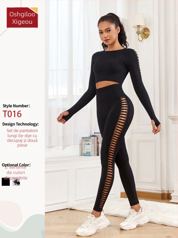 Set de yoga din două piese, fără cusături, pentru femei – top cu mâneci lungi + leggings, material Nylon/Spandex 92%/8%, decupaje laterale
