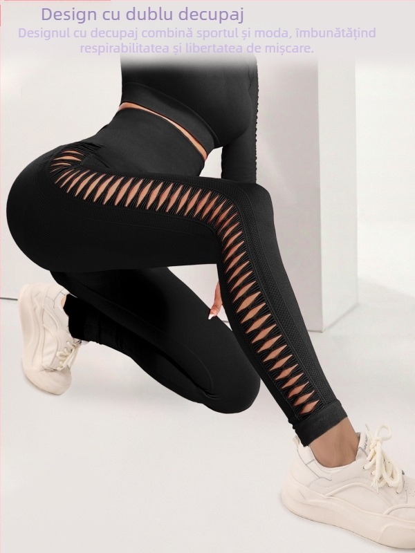 Set de yoga din două piese, fără cusături, pentru femei – top cu mâneci lungi + leggings, material Nylon/Spandex 92%/8%, decupaje laterale