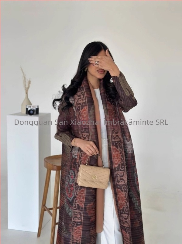 Three Small Houses Halat lung plisat pentru femei cu imprimeu, stil național, poliester 95%+, croială presată, primăvara 2025