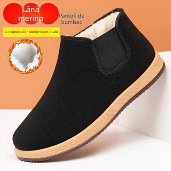 Papuci de casă bărbați din bumbac, slip-on, talpă din cauciuc groasă, încălziți