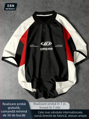 Tricou pentru tineri cu guler rotund, croială lejeră, poliester amestec, mâneci scurte, imprimeu geometric, vară