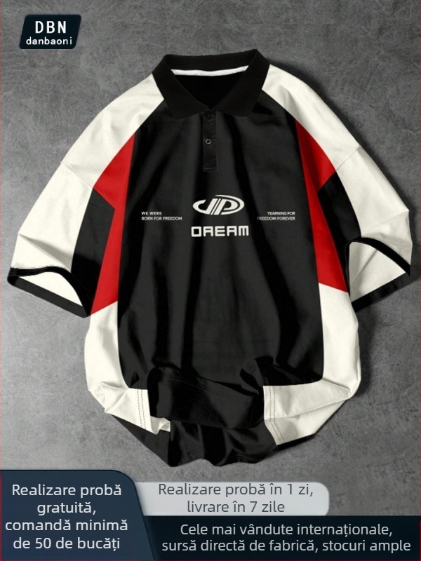 Tricou pentru tineri cu guler rotund, croială lejeră, poliester amestec, mâneci scurte, imprimeu geometric, vară