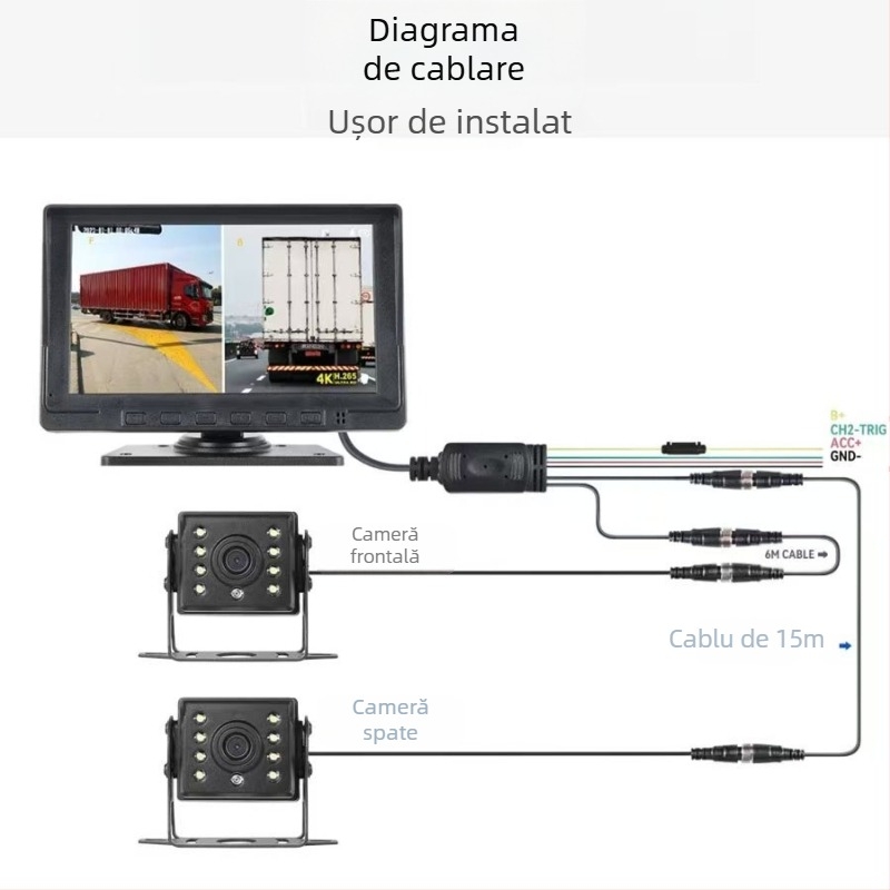 Cameră auto pentru bord cu monitorizare a unghiurilor moarte, videoclip 1080P, unghi de vizualizare 170°, poze 12MP, obiectiv F2.0, înregistrare față și spate