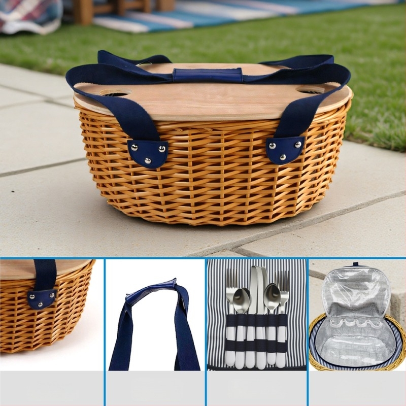 Set de coș pentru picnic împletat din salcie cu tacâmuri, masă, izolat și mâner — Model ZQ24-447 A