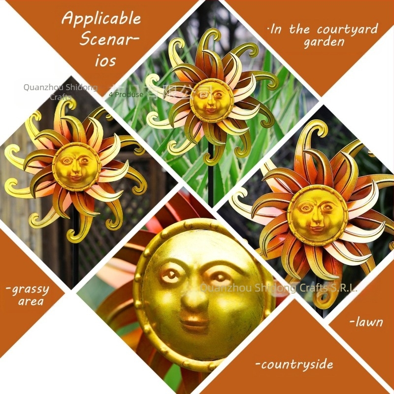 Moară de vânt metalică pentru grădină cu fața soarelui zâmbitoare pe două niveluri – decor în stil artă modernă