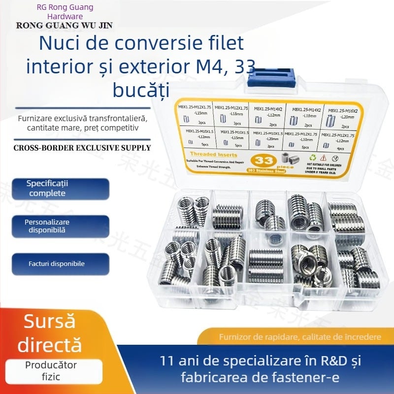 Set de piulițe de conversie a filetelor, interne/externe, 33 buc., GB6178, oțel inoxidabil 303/304, calitate A, rezistență A4-80.