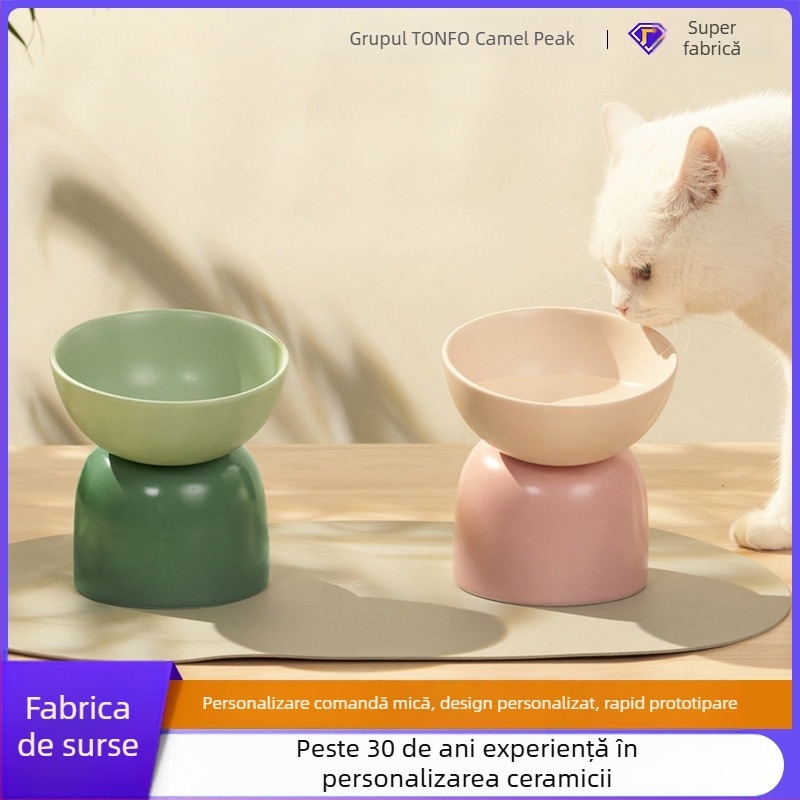 Vas ceramic pentru animale de companie cu picioare înalte, anti-răsturnare și gură înclinată; personalizare cu imagine