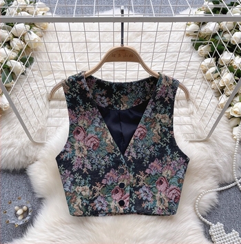 Vesta cu imprimeu, decolteu în V, croială Slim Fit, lungime ultra-scurtă