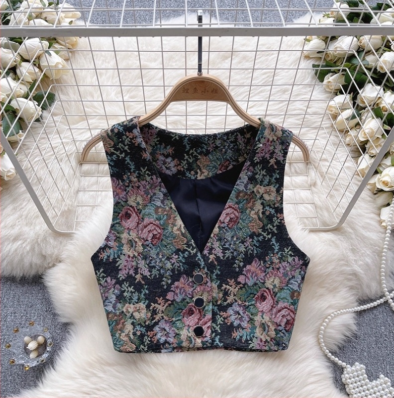 Vesta cu imprimeu, decolteu în V, croială Slim Fit, lungime ultra-scurtă