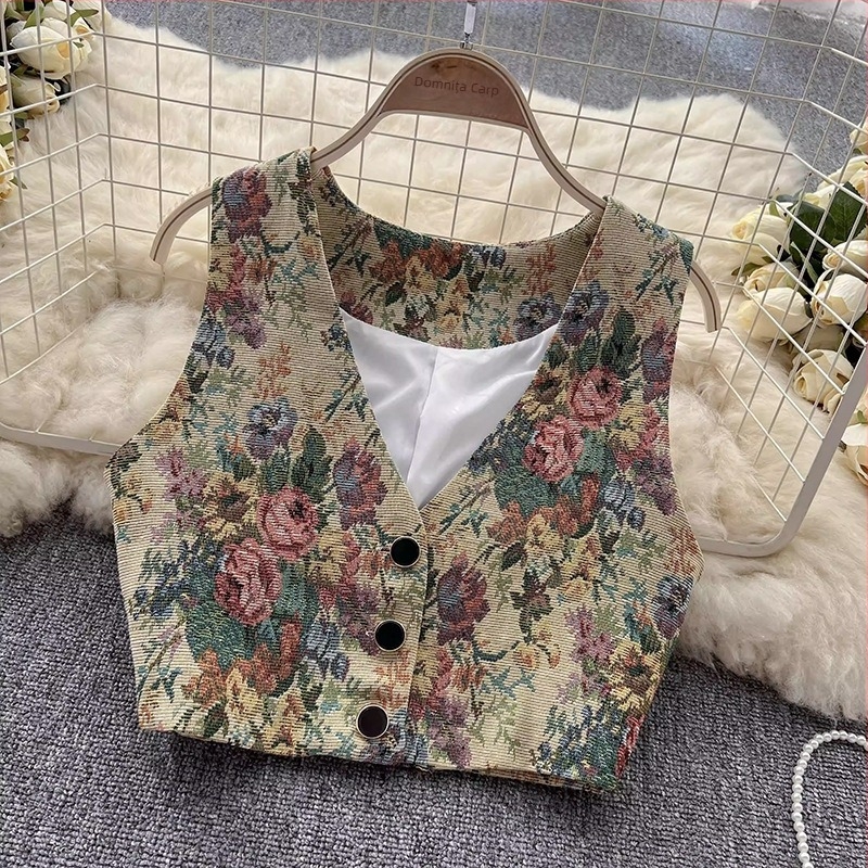 Vesta cu imprimeu, decolteu în V, croială Slim Fit, lungime ultra-scurtă