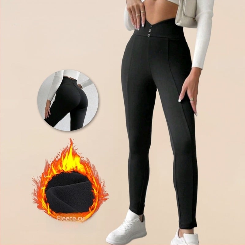 Pantaloni femei cu croială conică, căptușiți cu căptușeală pufoasă, talie înaltă, închidere cu nasturi în față, lungi, material poliester elastan