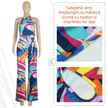 Salopetă pentru femei fără mâneci, imprimată, cu curea, croială dreaptă, talie medie, țesătură din amestec de bumbac cu poliester, primăvară-vară
