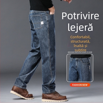Jeanși pentru bărbați — croială dreaptă, talie medie, amestec bumbac-poliester cu 66,2% bumbac, 32,3% poliester, 1,5% spandex; fermoar, buzunare multiple, pantaloni lungi casual