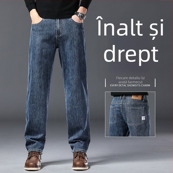 Jeanși pentru bărbați — croială dreaptă, talie medie, amestec bumbac-poliester cu 66,2% bumbac, 32,3% poliester, 1,5% spandex; fermoar, buzunare multiple, pantaloni lungi casual