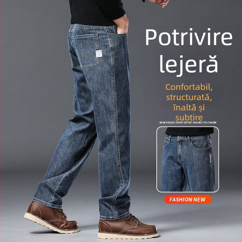 Jeanși pentru bărbați — croială dreaptă, talie medie, amestec bumbac-poliester cu 66,2% bumbac, 32,3% poliester, 1,5% spandex; fermoar, buzunare multiple, pantaloni lungi casual
