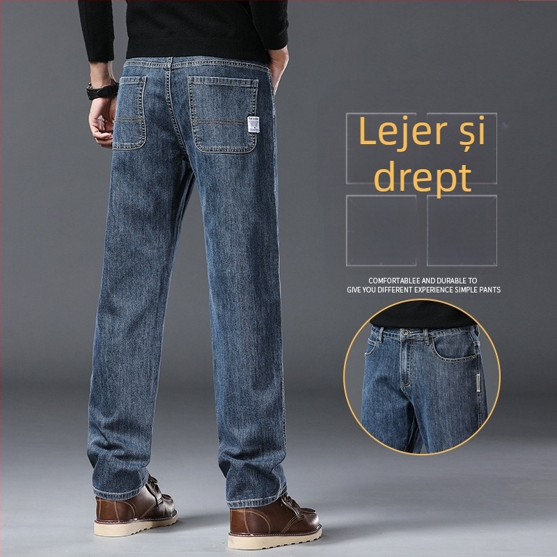 Jeanși pentru bărbați — croială dreaptă, talie medie, amestec bumbac-poliester cu 66,2% bumbac, 32,3% poliester, 1,5% spandex; fermoar, buzunare multiple, pantaloni lungi casual