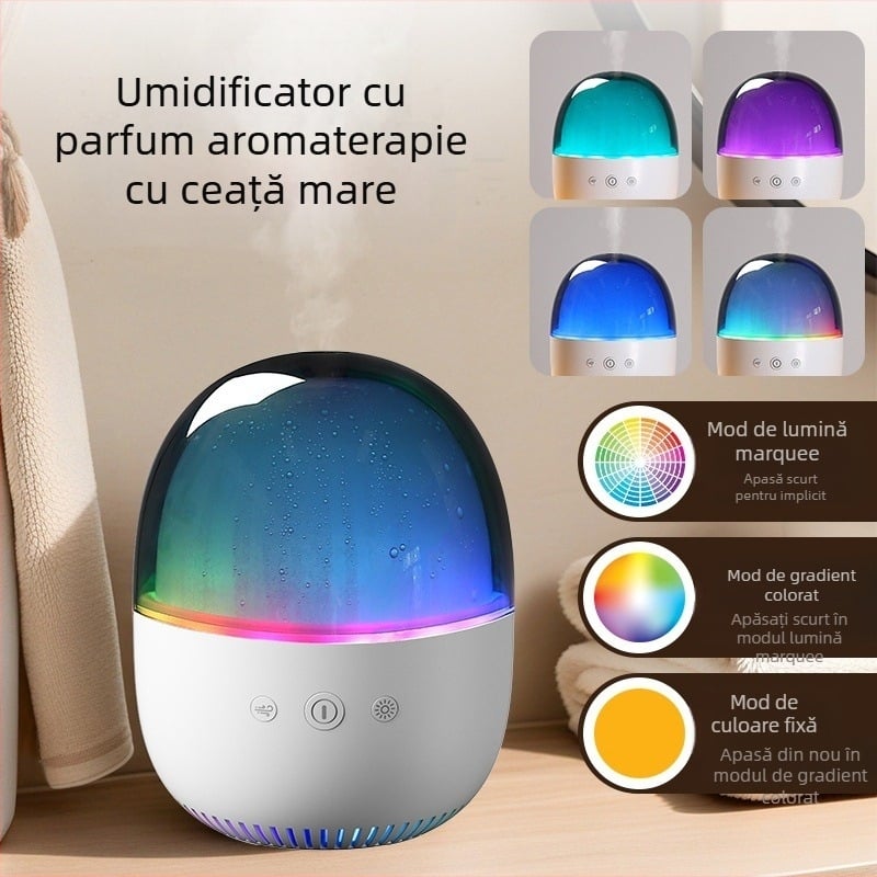 Umidificator ultrasonic pentru aromaterapie, alimentare USB, compact pentru camere de până la 10 m², rezervor de 0,5 L, zgomot sub 36 dB