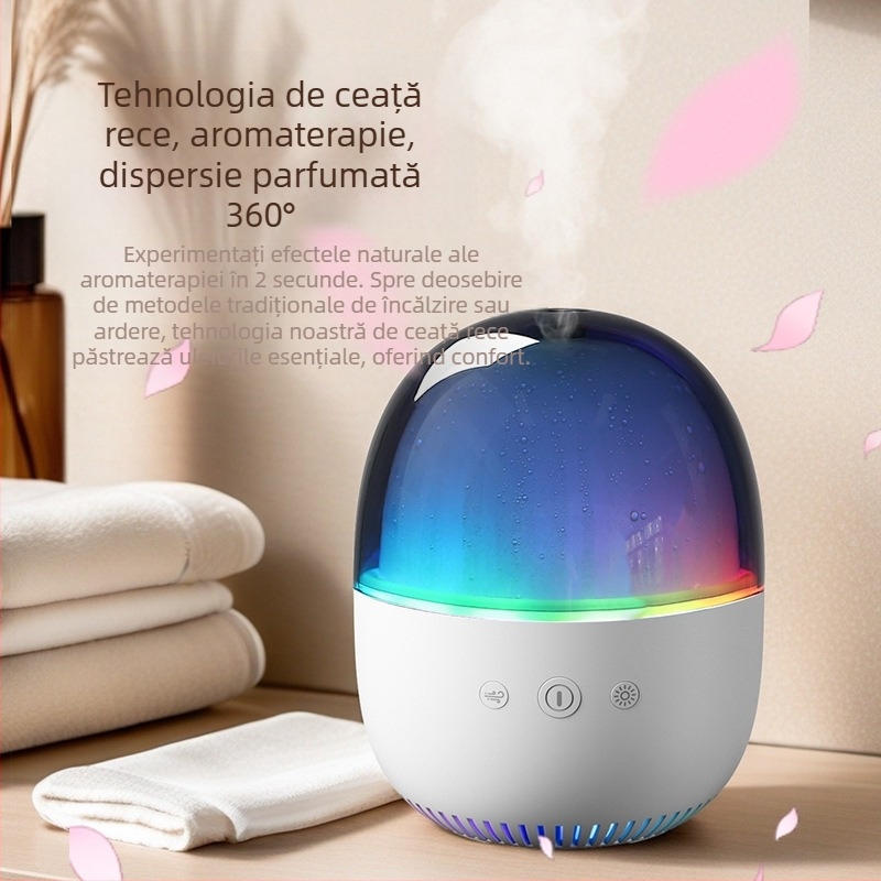 Umidificator ultrasonic pentru aromaterapie, alimentare USB, compact pentru camere de până la 10 m², rezervor de 0,5 L, zgomot sub 36 dB