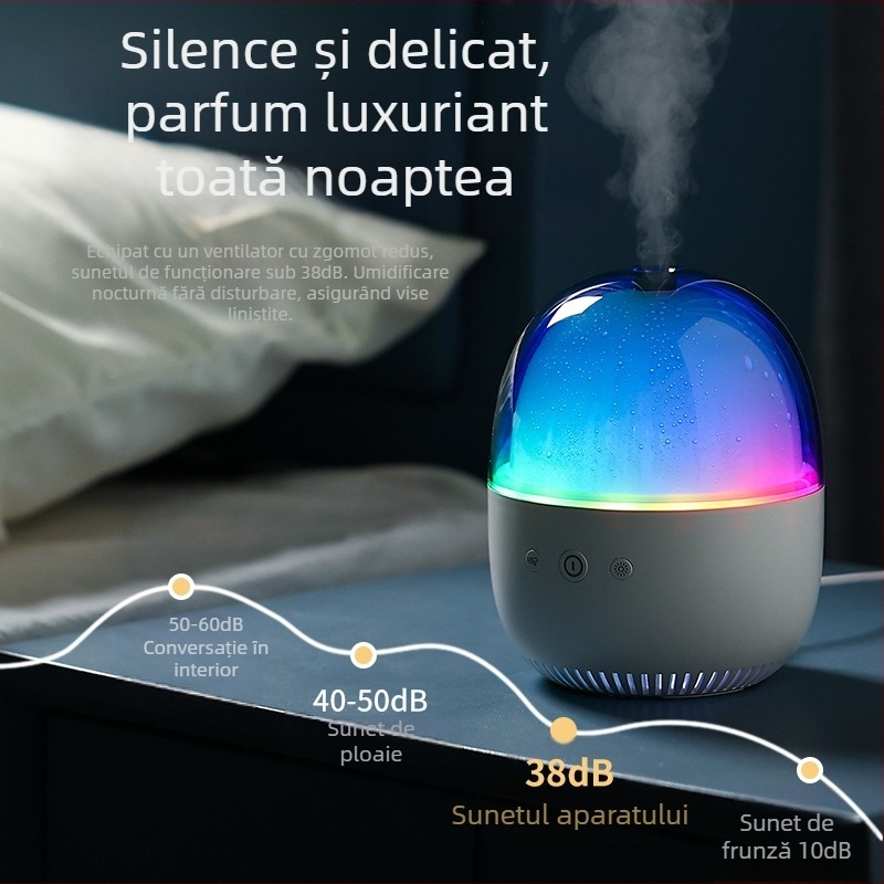 Umidificator ultrasonic pentru aromaterapie, alimentare USB, compact pentru camere de până la 10 m², rezervor de 0,5 L, zgomot sub 36 dB