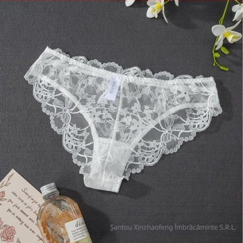 Chiloți din dantelă plasă, talie joasă, respirabili; material principal: nailon 90–95%, căptușeală intimă: bumbac 100%