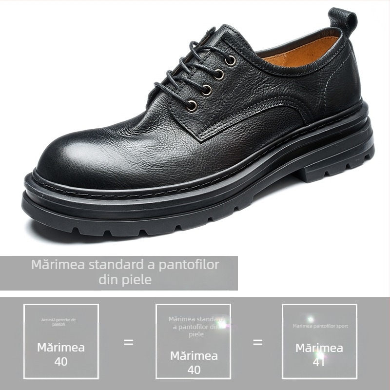 Pantofi de bărbați din piele, low-top, piele de vită primă, vârf rotund, talpă din cauciuc, toc 3–5 cm