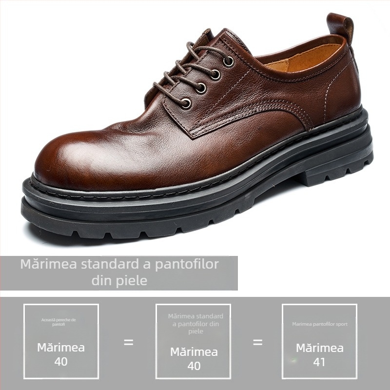 Pantofi de bărbați din piele, low-top, piele de vită primă, vârf rotund, talpă din cauciuc, toc 3–5 cm
